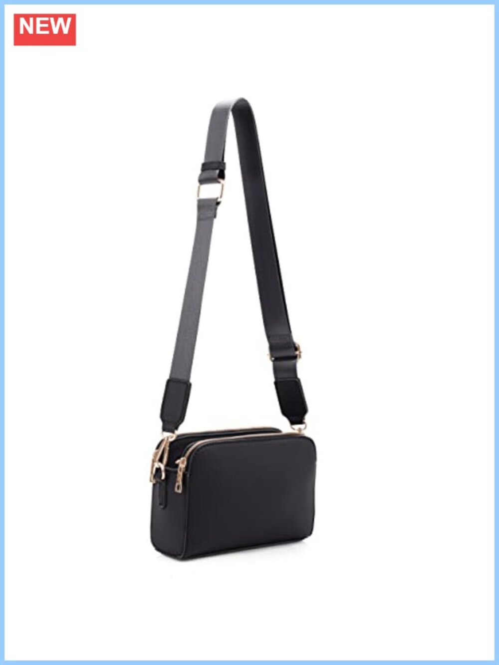 Vegan Leather Crossbody Camera Bag Triple Zip Wide Guitar Strap
